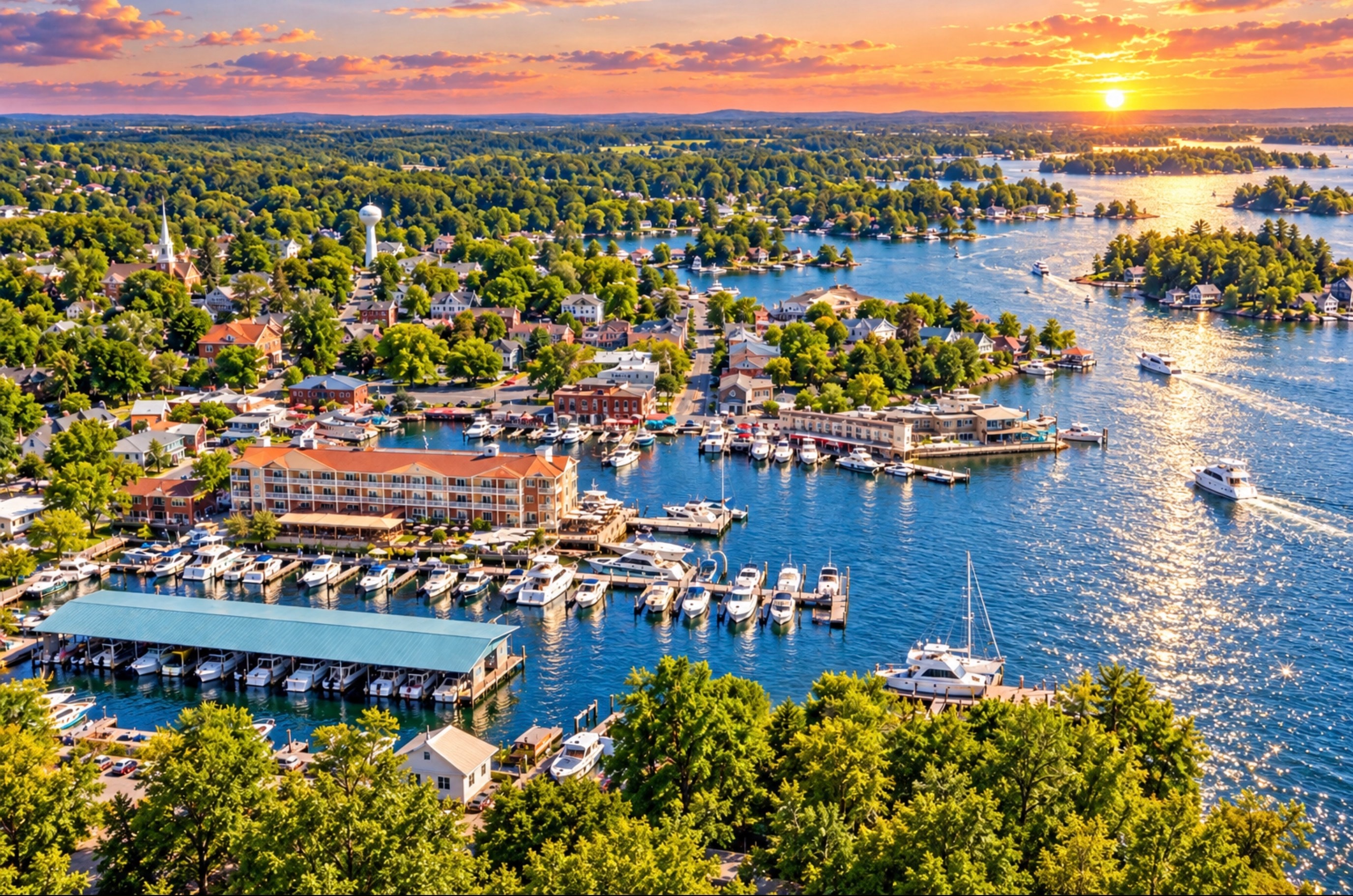 Aerial view from Bonnie Castle to the Riveredge resort Across the bay to Uncle Sam Boat Tours and Capt Thomson Resort and the Village